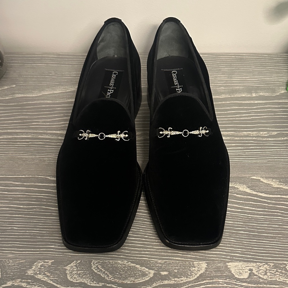 Cesare Paciotti Black Velvet Loafers with Silver Detailing